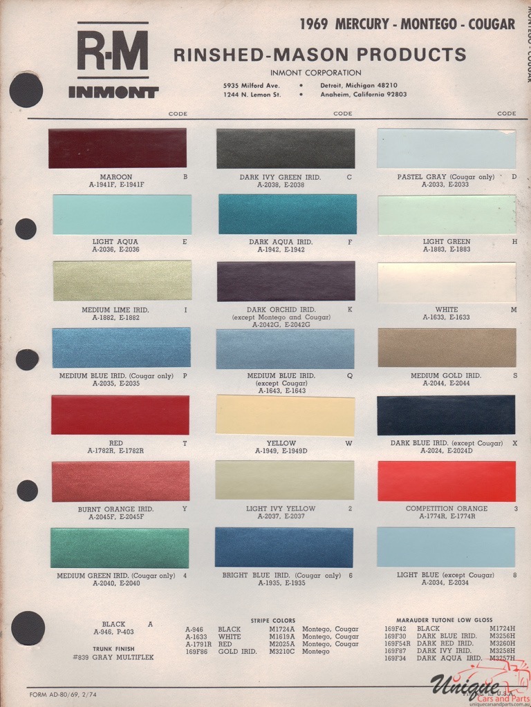 1969 Mercury Paint Charts Rinshed-Mason